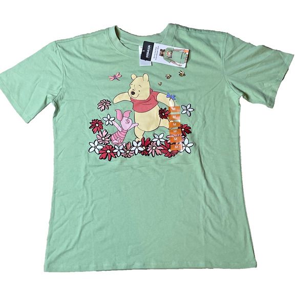 Disney Winnie The Pooh & Piglet Womens Medium Green T-Shirt Embroidered Flowers - Picture 1 of 12